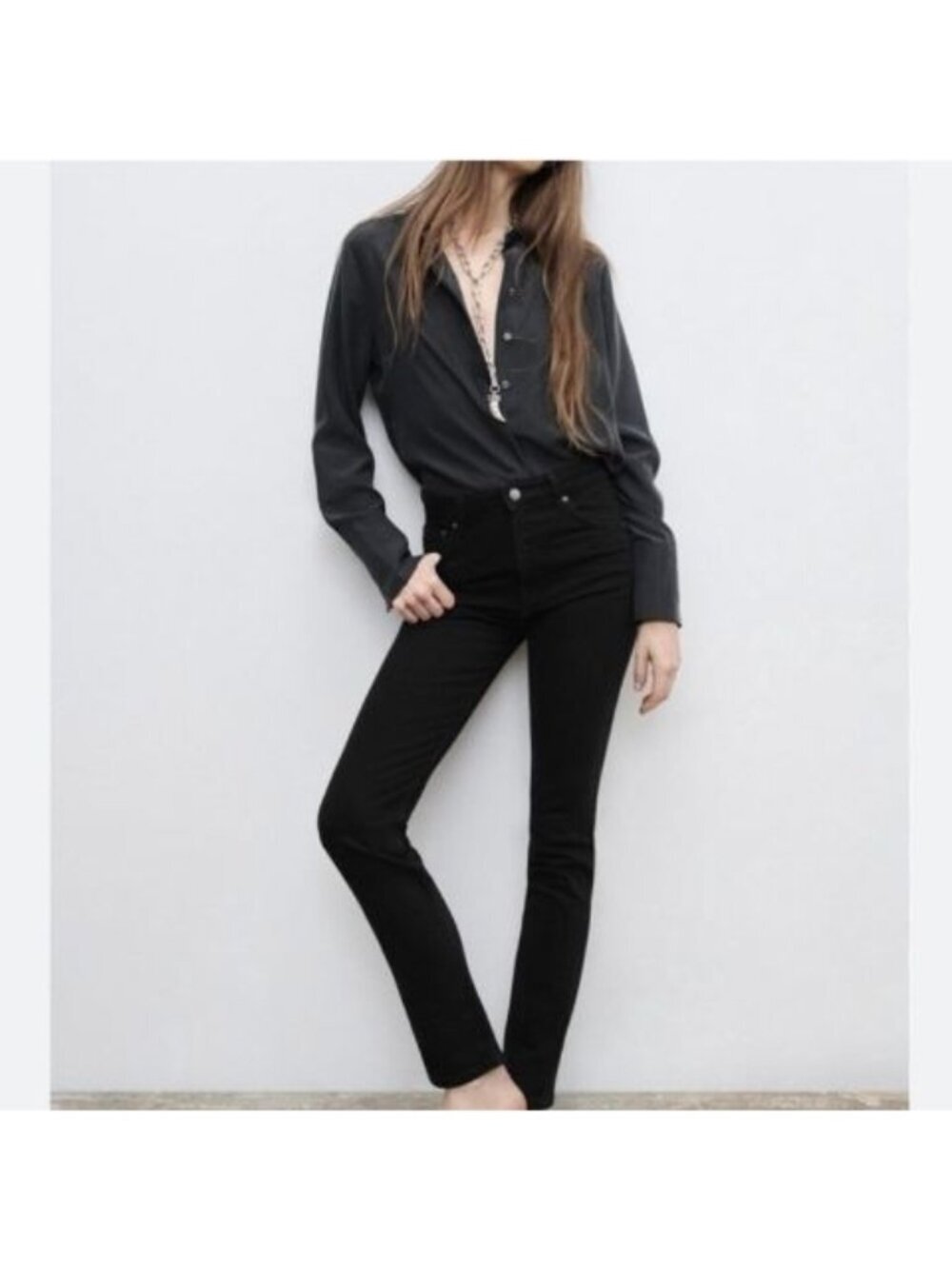 Zara Black Skinny Slim Fit Jeans Raw Frayed Hem Stretch Denim Women’s 4